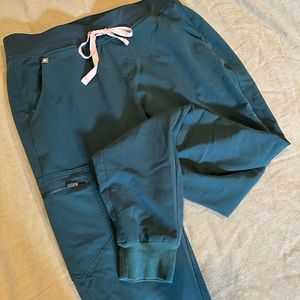 FIGS scrub joggers. Dark teal/ green with pink tie